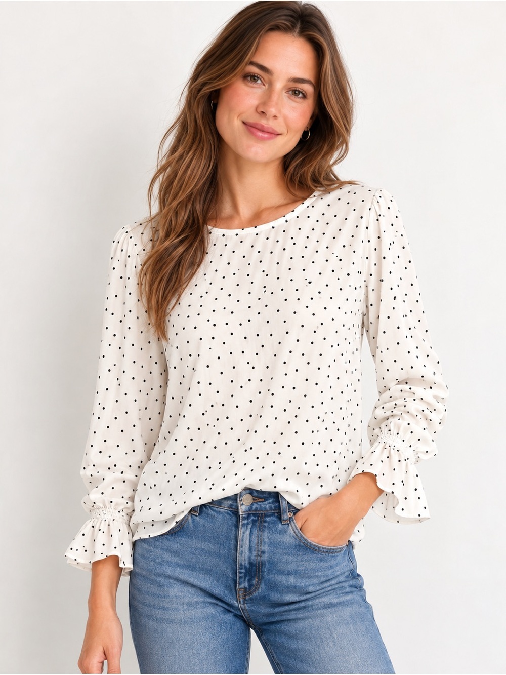 Boden Polka Dot Ruffle Cuff Blouse White Navy Size 4 100% Viscose